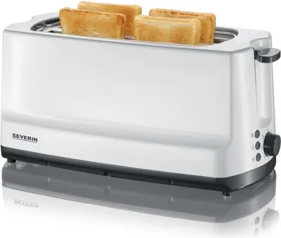 A white Severin toaster with four slices of toast on a reflective surface.