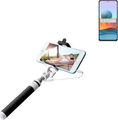 Produktbild von K-S-Trade Selfie Stick kompatibel mit Xiaomi Redmi Note 10 Pro Max Selfiestick kabelgebunden Monopod mit Kabel Stab Stange Selfportrait Handheldstick
