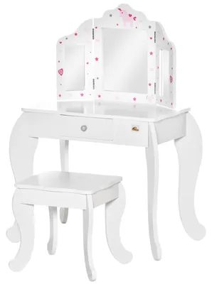 Produktbild von Kinderschminktisch mit Hocker, Schminktisch mit dreifachem Spiegel und Schublade, 63 x 40 x 85,5 cm, Wei?