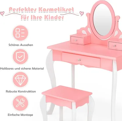 Obrázek produktu pro Dětský toaletní stolek s taburetem Princess toaletní stolek se 3 zásuvkami & zrcadlově růžový