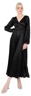 Produktbild von Lovedrobe Damen Midaxi-Kleid, Damen, Schwarz, aus Satin, mit Falten, Wickeldesign, V-Ausschnitt, lang