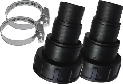 Produktbild von 2x Stufenschlauchtülle Ø32 / 38 / 50mm x 2 Zoll Innengewinde Überwurfmutter + 2x Schlauchschelle Ø30-45mm (Edelstahl)