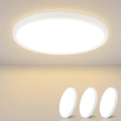 A white, circular LED ceiling light is shown mounted on a ceiling, with three smaller, identical lights displayed in the foreground against a gradient background.