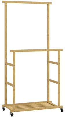 Image de Porte-vêtements en bambou sur roulettes avec étagère à chaussures | Couleur : Naturel | Dimensions : 80 x 40 x 160 cm