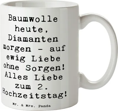 Produktbild von Mr. & Mrs. Panda Tasse Spruch 2. Hochzeitstag Baumwollhochzeit - Weiß - Geschenk, Becher, Kaffeetasse, Ehe, Bedruckte, handgemacht, Geschenke, Geschenktasse, Heiraten
