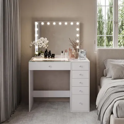 Image de Coiffeuse avec Miroir LED, 6 Tiroirs Blanc 92 x 55 x 139 cm