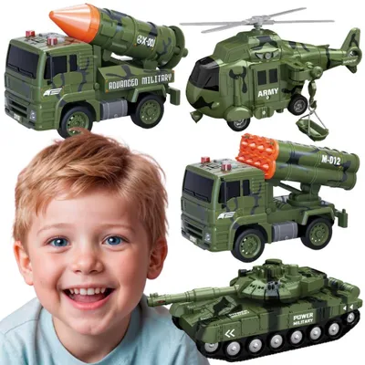 Produktbild von WOOPIE Militärfahrzeug-Set mit Panzer- und Hubschrauber-Abschussrampe, 4-teilig, Maßstab 1:20