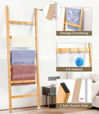 Obrázek produktu pro Bambusový věšák na ručníky, rozměry 170x43 cm, 6 poliček, 4 háčky, pro koupelnu