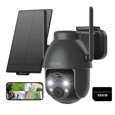 Image de ieGeek 2K caméra de surveillance sans fil extérieur solaire 360 ° PTZ batterie IP caméra, détecteur de mouvement PIR, vision nocturne couleur, audio 2 voies, avec carte de 32 Go