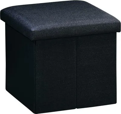A black upholstered storage ottoman is shown from a three-quarter front view.