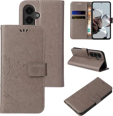 Produktbild von Handyhülle für Samsung Galaxy S26 Floral Blumen Schmetterling Flip Cover Hülle Case Klapphülle Handytasche Farbe: Grau