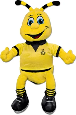 A plush toy mascot of a bee wearing a yellow and black soccer jersey.