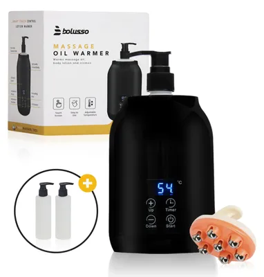 Productafbeelding van Bolusso Zwarte Massageolie Warmer - verwarmt massageolie van 30 tot 65 graden - Guasha - massageapparaat - bevat 2 doseerders en een massagegereedschap
