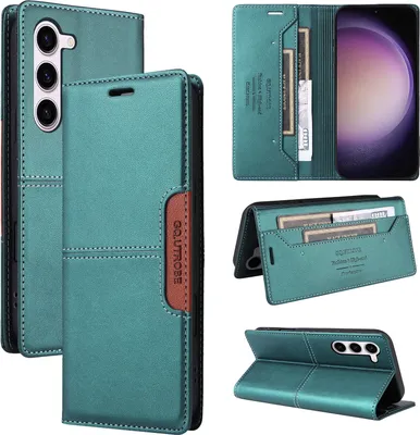Image de Etui pour Samsung Galaxy S23, étui portefeuille en cuir avec fente pour cartes et support Vert