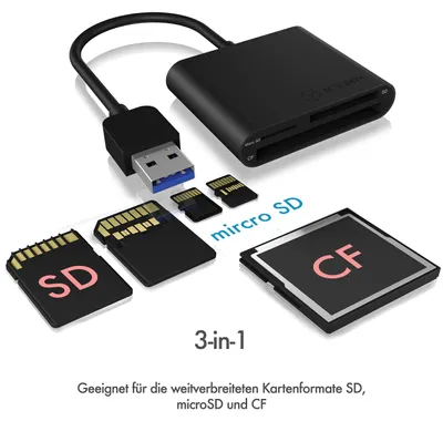 Produktbild von ICY BOX IB-CR301-U3 Externer Multi Card Reader (CF, SD, microSD) mit USB 3.2 Gen 1 Hostanschluss, CF, MicroSD (TransFlash), SD, SDHC, SDXC, Schwarz, 5000 Mbit/s, 2 GB, USB 3.2 Gen 1 (3.1 Gen 1), 44 mm