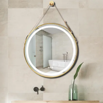 Produktbild von WISFOR Lustro łazienkowe LED okrągłe, 60cm Lustro łazienkowe ścienne LED z oświetleniem, 3 barwy światła 3500-6500K Ściemnialne Bezmgielne podświetlane lustro z włącznikiem dotykowym IP44, złote