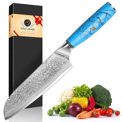 Obrázok produktu pre Santoku nôž – kuchynský nôž – damašková oceľ, dĺžka čepele 18 cm – veľmi ostrý – rukoväť z nehrdzavejúcej oceli – šetrný k životnému prostrediu