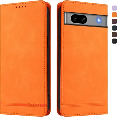 A product shot of an orange flip phone case, shown open and closed, with a row of color swatches on the right.