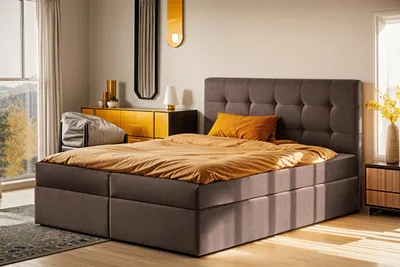 Image de Lit boxspring Kaiser avec matelas et coffre de rangement, lit LUDANO en tissu Noel 200 x 200 cm, marron