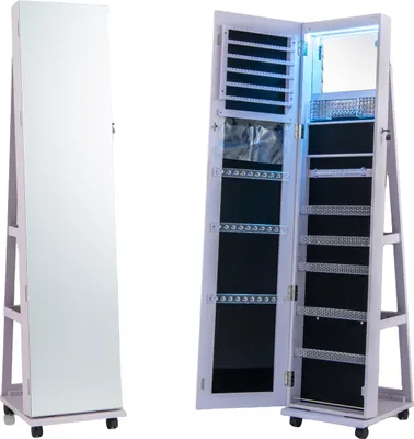Produktbild von GOPLUS Schmuckschrank mit Ganzkörperspiegel, Spiegelschrank mit Beleuchtung & Ablage, abschließbarer Schmuck Organizer mit Rollen für Schlafzimmer