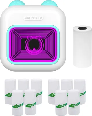 Obrázok produktu pre Mini vrecková termálna tlačiareň na okamžité fotografie, 7-farebné LED svetlo, termálna tlačiareň, pripojenie Bluetooth, , s 1 kotúčom papiera + 10 kotúčmi samolepiaceho papiera