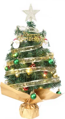 Immagine prodotto di Mini albero di Natale artificiale illuminato da 60 cm, piccolo albero da tavolo con decorazioni e 30 luci calde, alimentato a batterie, verde, 60 cm