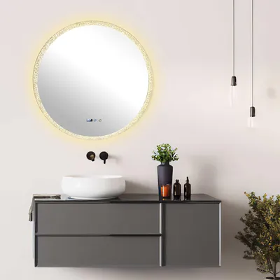 Image de Miroir de salle de bain rond AIORBER à LED avec éclairage, intensité réglable, 3 couleurs de lumière, fonction tactile et mémoire, anti-buée, 70/80 cm – Blanc chaud