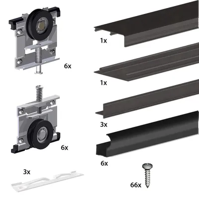 Zdjęcie produktu dla System do drzwi przesuwnych w szafie SLID’UP 220 na 3 skrzydła, płyta 18 mm, prowadnica 270 cm, kolor czarny