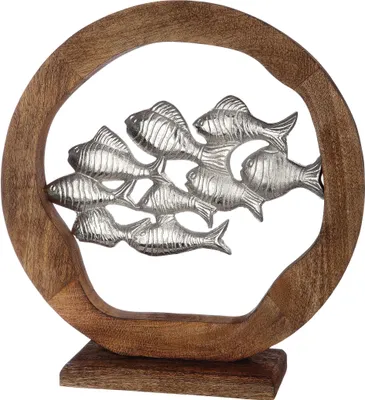 Immagine prodotto di GILDE Standrelief, rund, "Fischschwarm", Fischmotiv, Aluminium, Mangoholz, naturfarben, silberfarben, , L. 13 cm, D. 45 cm 42965
