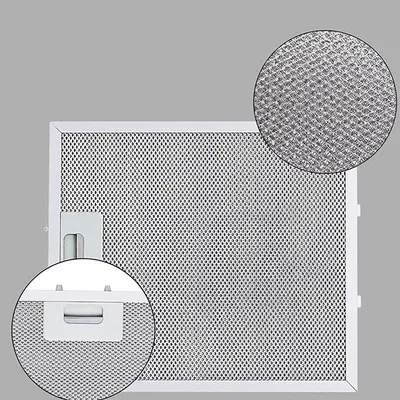 A close-up view of a range hood filter with two inset circles showing magnified details.
