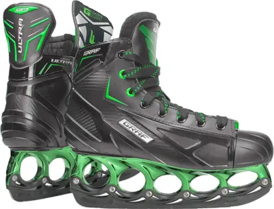 A pair of black and green ice skates are shown against a white background.