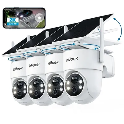 Zdjęcie produktu dla Kamera monitoringu zewnętrznego ieGeek 2K/3MP zasilana energią słoneczną: kamera z akumulatorem, Wi-Fi, 360° PTZ, monitoring zewnętrzny, łatwa instalacja, czujnik ruchu PIR, 4 sztuki