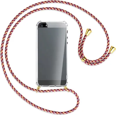 Produktbild von Handykette Backcover-Schutzhülle mit Band (Metall goldfarben) für Apple iPhone 5, 5S, SE - weinrot/gelb/grau