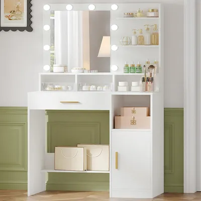 Produktbild von Schminktisch mit Spiegel und LED-Licht, Weiß, 3 Ablagen, 4 Fächer, Schubladen, Schränke, Helligkeit einstellbar
