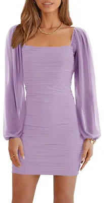 Produktbild von Wenrine Damen Mesh Langarm Eckiger Ausschnitt Gerafft Party Club Cocktail Bodyco