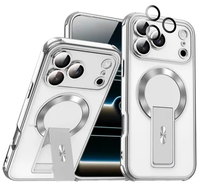 Produktbild von Magnetisch Hülle für iPhone 16 Pro, Kompatibel mit MagSafe, Transparent Elektroplattiert TPU Handyhülle mit Kameraschutz, Ständer Silber