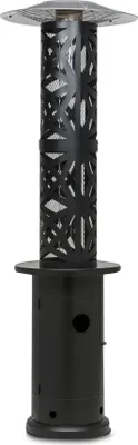 A black outdoor gas heater with a decorative metal screen.