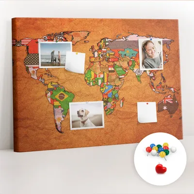 Obrázek produktu pro Korková nástěnka s kolíčky - Tabule s kolíky pro fotografie a poznámky - 100x70 cm - Připínáčky barevné 100 kusů - Mapa světa s vlajkami