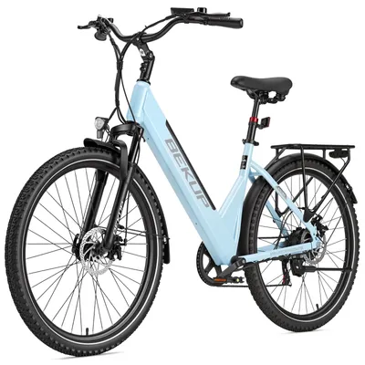 Image de Vélo électrique Bekup V28, roues de 28 pouces, cadre en acier à haute teneur en carbone, batterie 36 V 14,5 Ah, autonomie de 75 km, dérailleur Shimano 7 vitesses, couleur bleue