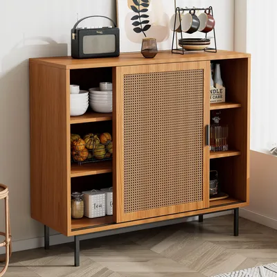 Image de MODFU Buffet Rustique - Meuble de Rangement en Bois Noyer avec Portes Coulissantes et Tiroirs - Bahut Compact pour Salon 100x37x90 cm