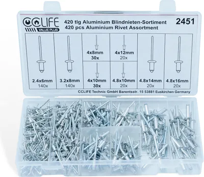 Produktbild von CCLIFE 420 tlg Alu Blindnieten Sortiment Popnieten Set Pop Nieten Stahlniete 2,4 3,2 4 4,8
