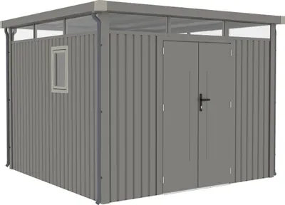 Produktbild von Rockford Gerätehaus Metall Geräteschuppen 294 x 294 cm Gartenhaus mit Flachdach inkl. Regenrohre Lagos 300 Grau