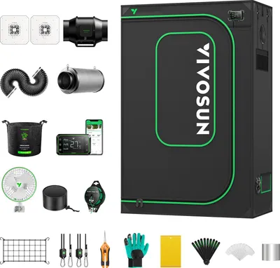 A collection of items for a grow kit, including a tent, fan, lights, and accessories, arranged on a white background.