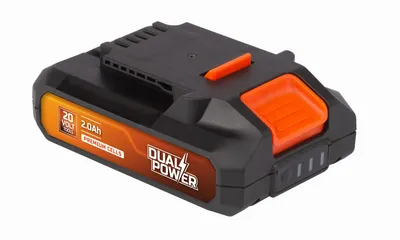 A black and orange 20V 2.0Ah battery pack for power tools, shown from a slightly elevated side angle on a white background.