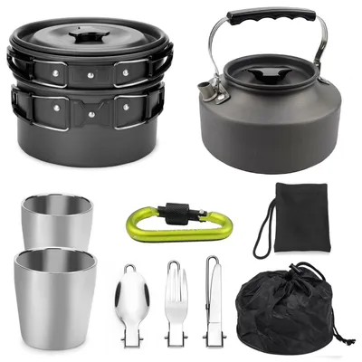 A collection of camping cookware and accessories arranged on a white background.