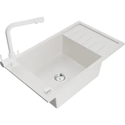 Obrázek produktu pro Mexen Elias 1-miskový granitový dřez s odkapávačem a kuchyňskou baterií Duero, Bílá - 6511-20-671600-20