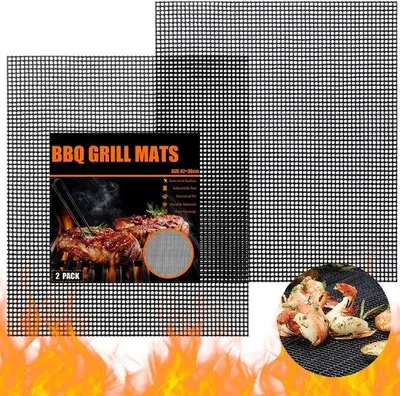 Produktbild von Famanu Grillmat 42 x 36 cm - 2 Stück - antihaftbeschichtet - wiederverwendbare Grillmatte für Gasgrill, Holzkohle, Elektrogrill, Heißluftfritteuse