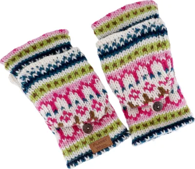 Produktbild von Handgestrickte Handschuhe, Klapphandschuhe Nepal, Wollhandschuhe - Weiß/pink, Uni, Mehrfarbig, Wolle, Handschuhe & Handstulpen