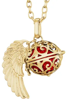 Produktbild von Morella Damen Halskette gold Edelstahl 70 cm mit goldenem Anhänger Engelsflügel und Klangkugel Zirkonia rot Ø 16 mm in Schmuckbeutel