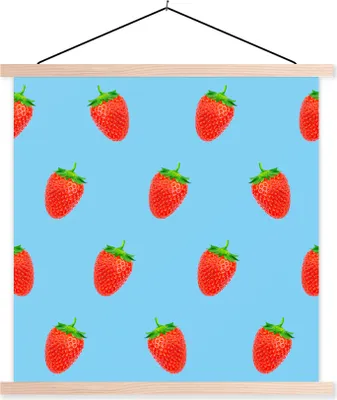 Produktbild von MuchoWow® Textilposter Erdbeere - Muster - Sommer 60x60 cm mit holzfarbenen Rahmen - Wanddekoration